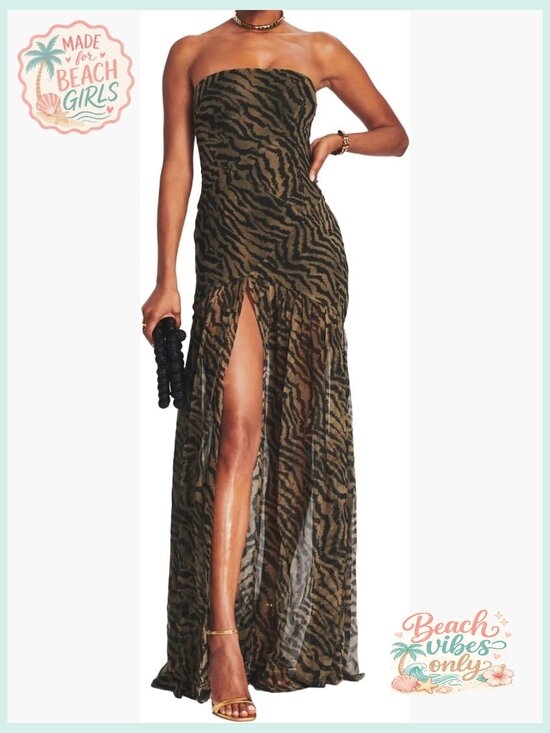 Dresses & Skirts - Strapless Tube Top Maxi Dress Sheer Mesh Patchwork High Slit Long Dresses